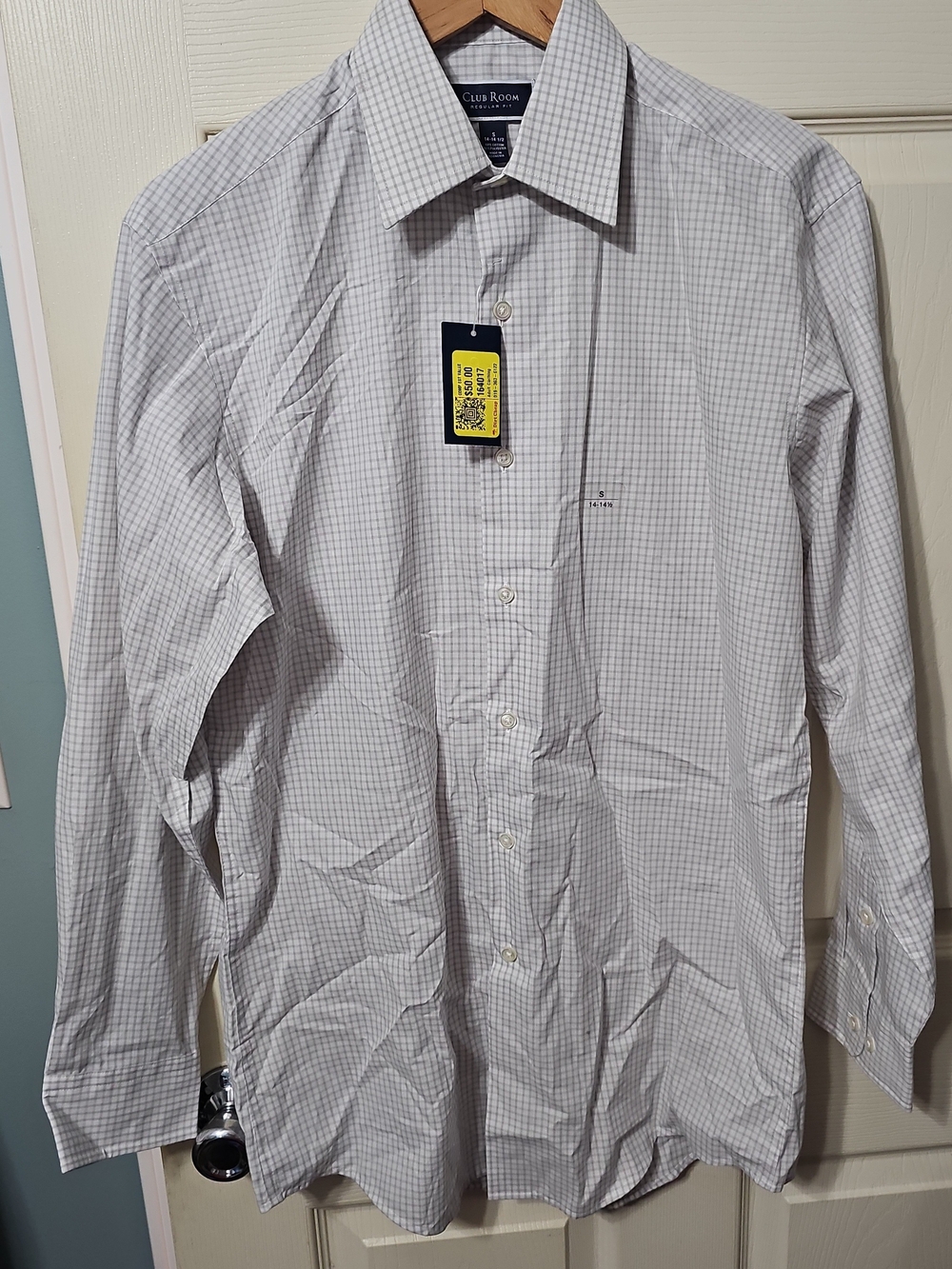$60 Club Room Gray White Regular-Fit Stretch Dress Shirt Mens Size S 14-14.5 BB1